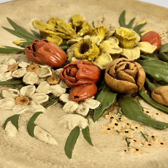 Vintage BOSSONS Style Handpainted Spring Flowers Chalkware Wall Plaque Decor 14” - Picture 6 of 9